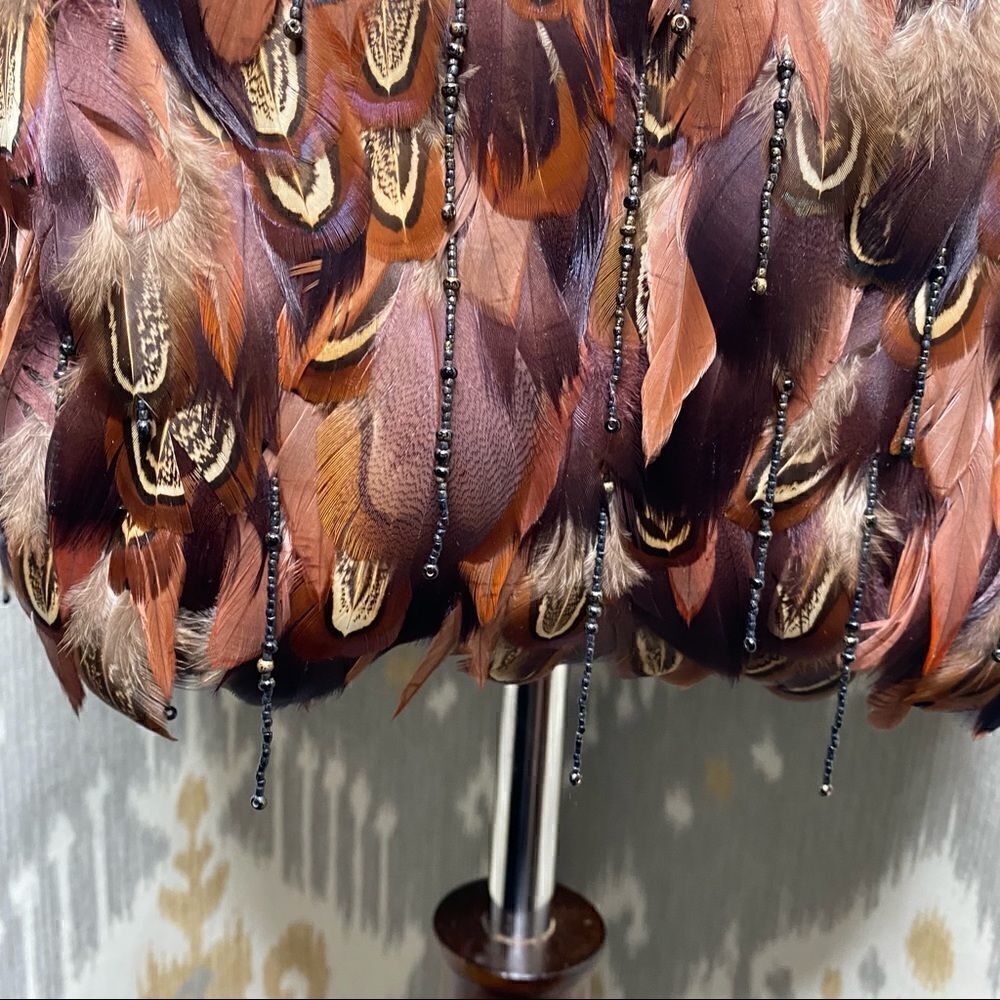 Ralph Lauren Vintage Brown Ruched Silk Taffeta Pheasant Feather Cocktail Dress - Picture 9 of 16